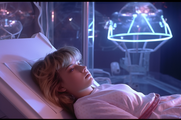 A young woman is falling asleep on a reclining couch in a lab