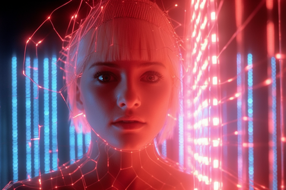 Close-up of a young woman covered by a network of glowing lines