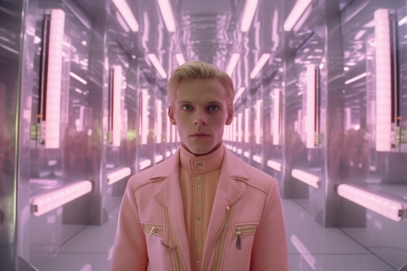 A young man in a pink leather jacket in a hall of mirrors and neon