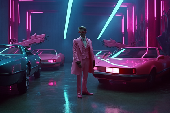 A man in a pink suit, long pink coat and sunglasses in a sportscar showroom with pink neon lights and industrial robots