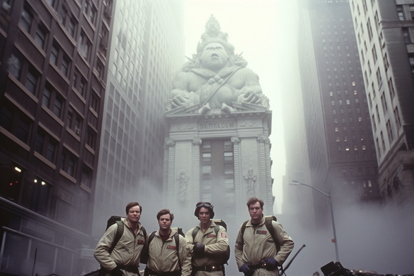 Four ghostbusters in a Manhattan street in front of a bank with a huge statue of a god on top, it seems like the building has just grown in the middle of the street
