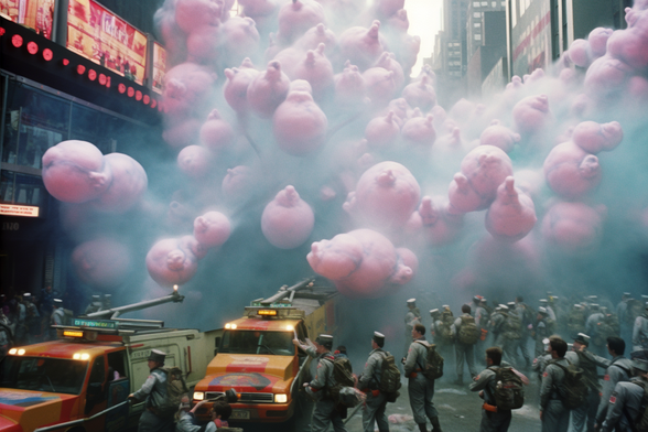 There are dozens of ghostbusters on the street and also a horde of pink flying ghosts above them