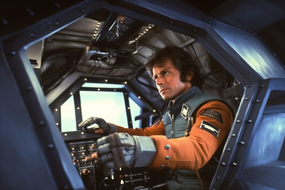 A grim starfighter in his gunstar’s cockpit