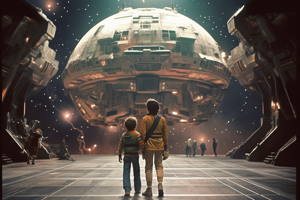 Two young children hold hands as they stand on the deck of a gunstar carrier open to space, looking at the Kho-Dan Armada ship which is approaching