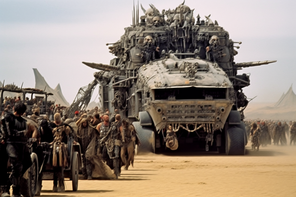 A huge battletruck rolls through an army encampment