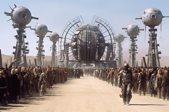 A road between dozens of wasteland denizens and energy weapons mounted on tall poles leads to a huge metal sphere or tank