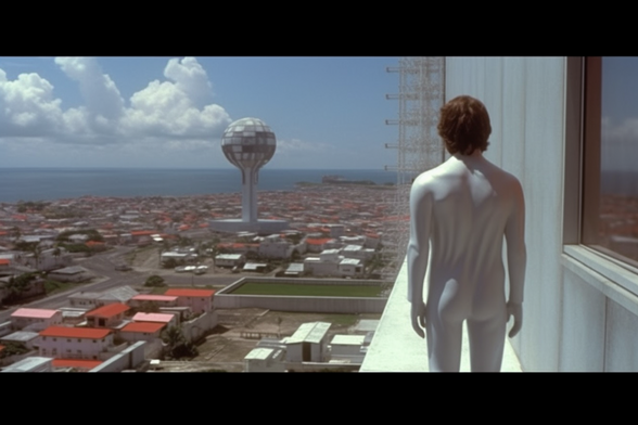 A person in skintight clothing stands on a building ledge and looks out over a lowrise town with one tall tower consisting of a sphere on a stalk