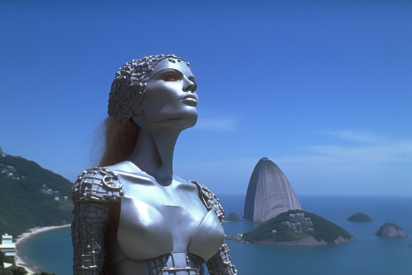 A woman or cyborg or robot with blue skin raises her face to the sun, standing against the backdrop of a spectacular bay