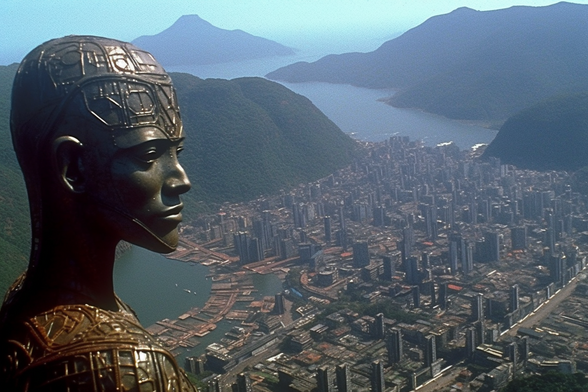 A statue or robot gazes serenely over a city dense with skyscrapers, nestled between hills and the sea