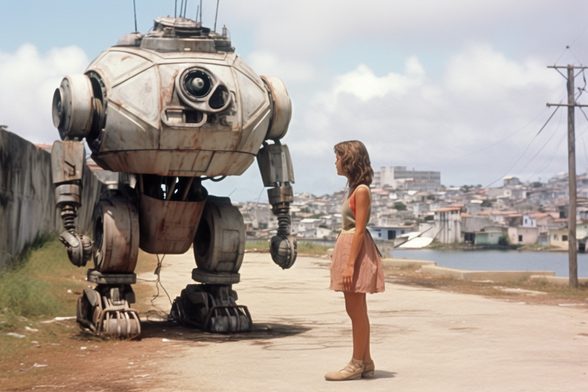 A girl stands looking at a squat, powerful robot, on the edge of a river running past a neighbourhood of small houses
