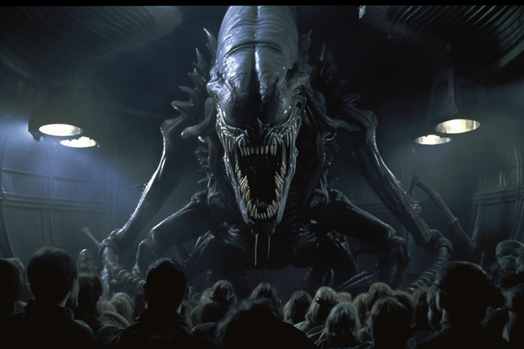 A huge alien opens its maw as it towers over a crowd of passive humans