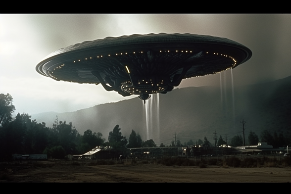 A large flying saucer hovers over a small town nestled against the forest 