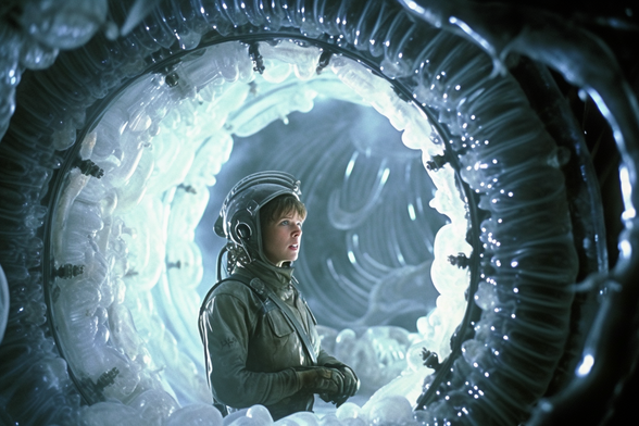 A female soldier stands in the middle of a ring or cylinder of alien organic material 
