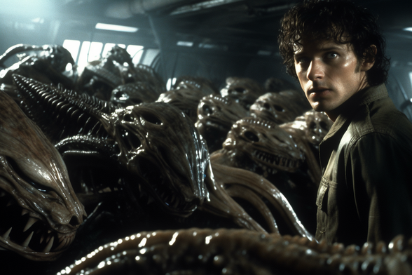 A man stands in a horde of aliens 
