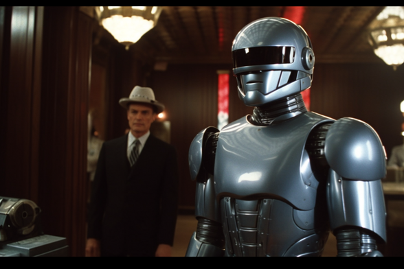 RoboCop waiting for his reservation at a fancy restaurant 