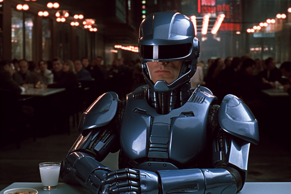 RoboCop sitting in a crowded cafeteria 