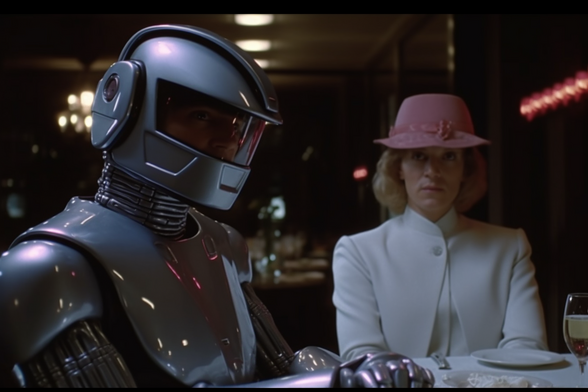 RoboCop at a restaurant on a date 