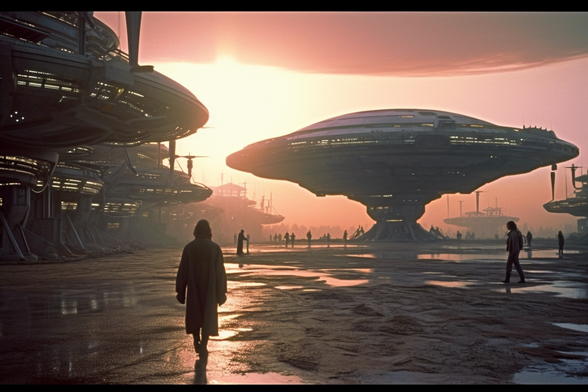 People walking through a muddy plaza in a hitech city at dawn