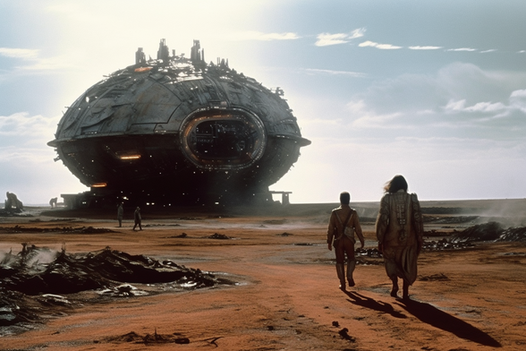 Two people walking to a large spaceship in the desert 