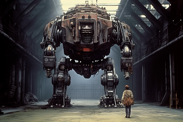 A person stands before a big mecha in an abandoned warehouse 