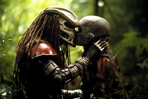 A predator and an alien (not that kind) kissing