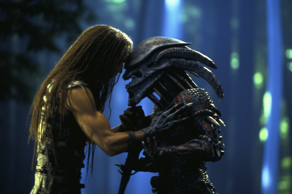 A human and a predator touching foreheads
