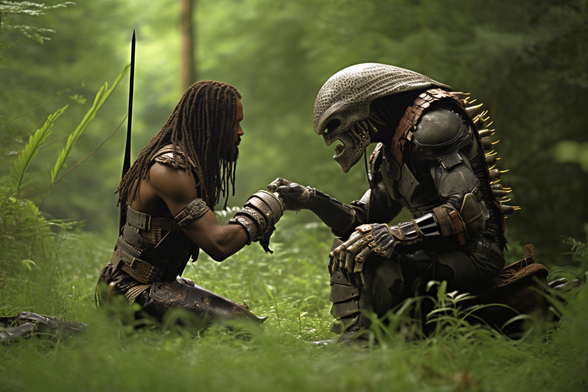 A human and a predator fist-bumping 