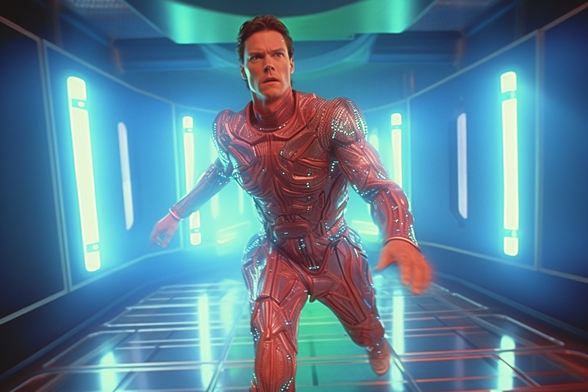 A man in plastic pink armour running down a neon corridor 