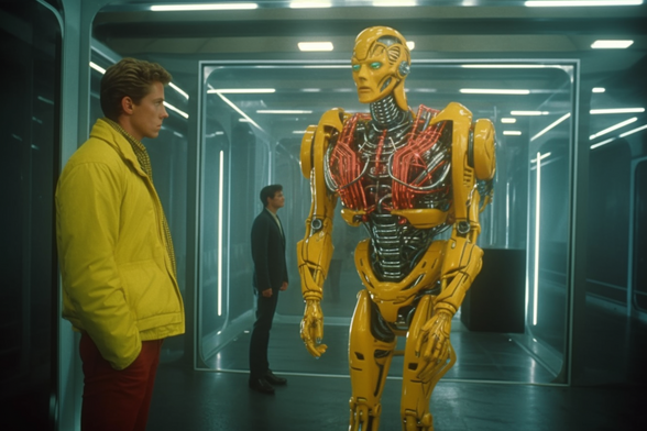 A man in a yellow jacket talks to a yellow android. Neither of them is running 