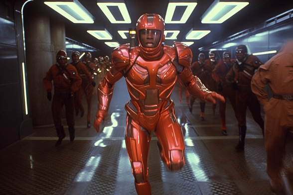 A man in a red armoured spacesuit running down a corridor filled with soldiers