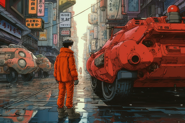 Akira in a wet Neo-Tokyo street with a big red car