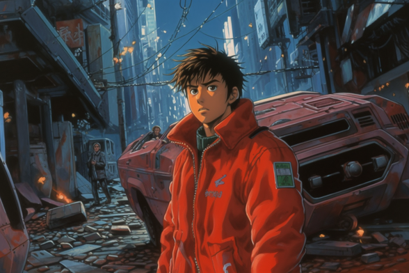 Akira with a big red car in the ruins of Neo-Tokyo