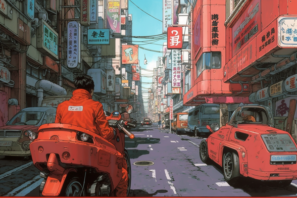 Akira on a red motorbike riding down a Neo-Tokyo street