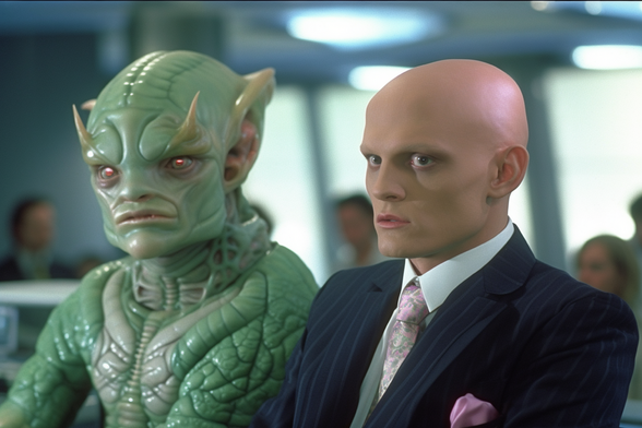 A green skinned alien with a bald human in a suit