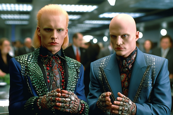 Two humans, one bald, in suits made partially of a snake-skin like material and they have lots of rings on their fingers