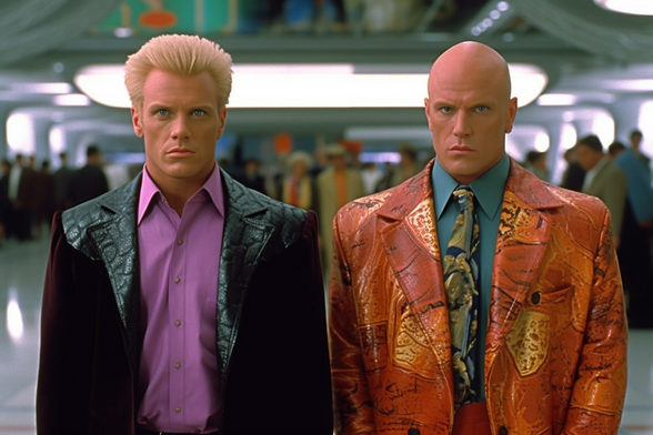 Two humans, one bald in a very funky coat