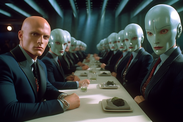 A bald human sits at a table with many identical androids or cyborgs or people with masks on who are about to have lunch
