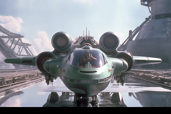 Four-engined aircraft hovering over a canal in a futuristic city
