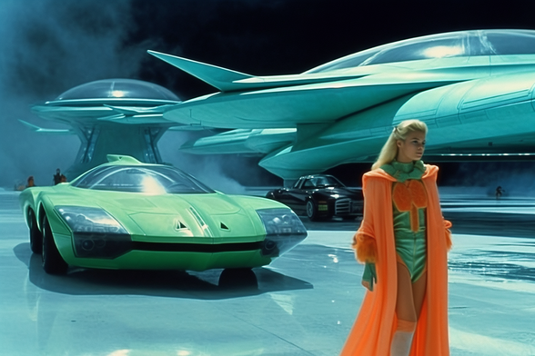 A woman in an orange robe walks away from a futuristic green sports car next to a futuristic silver aircraft in a futuristic airport