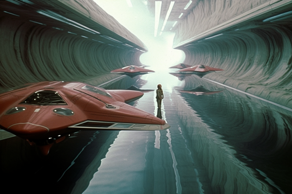 A person stands in the middle of a large canal or water-filled tunnel as four starfish-shaped aircraft zoom pass them