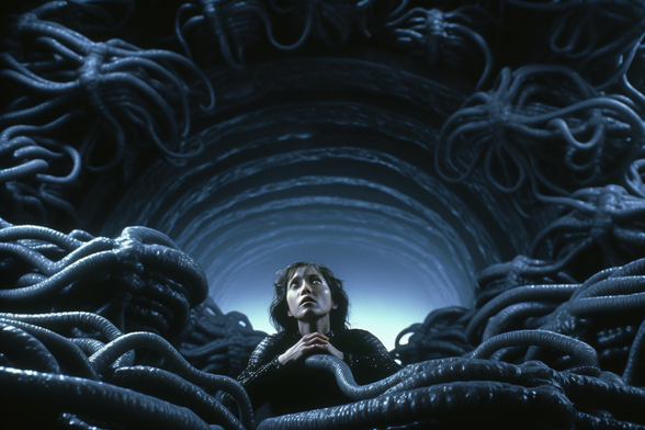 A praying woman surrounded by tentacles