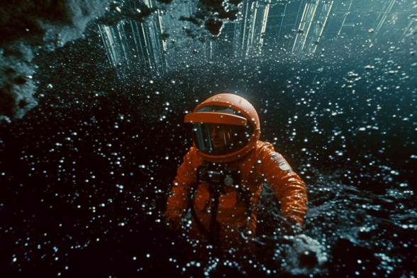 A deep sea diver surrounded by bubbles