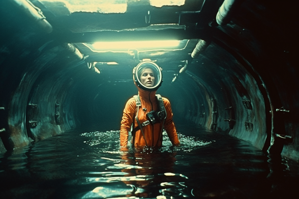 A deep sea diver in a partially-flooded corridor