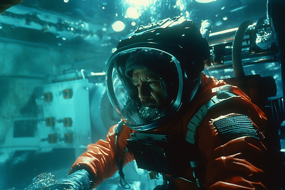 A deep sea diver inside a flooded base or submarine