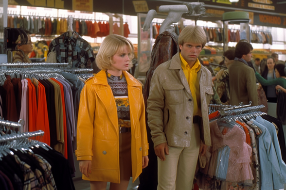 Two people in the clothing section of a department store