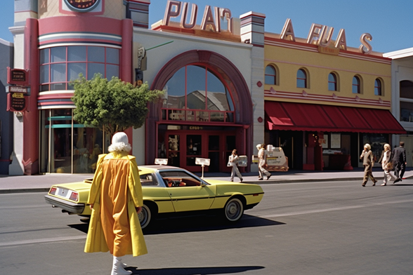 A person in a long orange and yellow coat walks towards a lime green Delorean parked in the middle of the road outside a mall