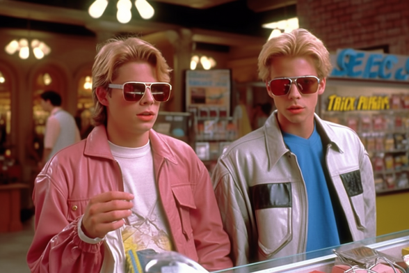 Two kids in a memorabilia shop