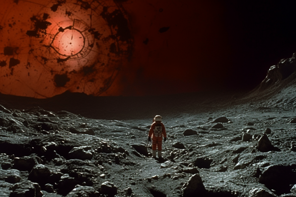 An astronaut wanders through a rocky landscape towards an orange whirly thing in space