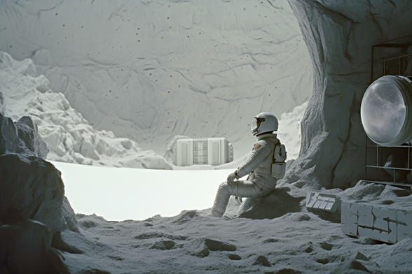 An astronaut sits at the entrance to a cave looking out at a brightly lit opening