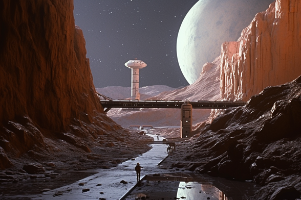 A space path under a space bridge with a space tower in space